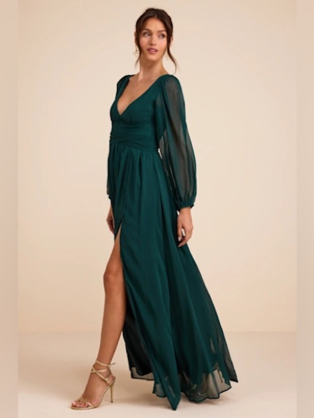 Lulus Enchant My Love Emerald Green V-Neck Long Sleeve Maxi Dress